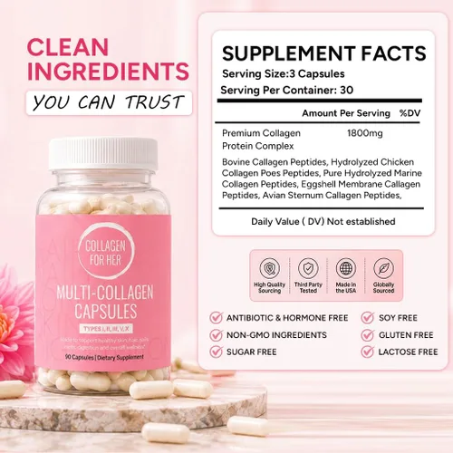 Miniatura 2 de Collagen For Her: Cápsulas de colágeno múltiple para mujeres (tipos I, II, III, V, X), péptidos de colágeno hidrolizados, suplemento vitamínico