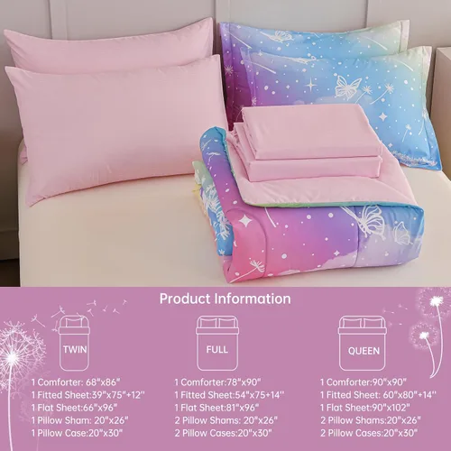 Miniatura 14 de Dinjoy Juego de edredón para niñas, tamaño individual, colorido, azul, rosa, morado, arcoíris, juego de ropa de cama de 6 piezas en una bolsa