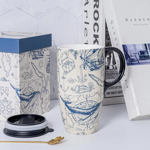 Miniatura 9 de Topadorn Taza de Café de Cerámica Taza de Viaje Regalo con Tapa de 17 onzas, Taza de Té Alta de Porcelana con Asa para el Hogar y la Oficina, Taza