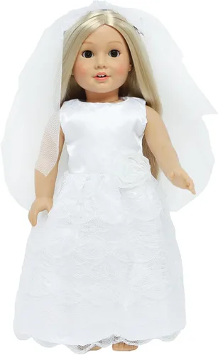 Miniatura 10 de 5 juegos de vestido de novia de muñeca de 18 pulgadas, ropa de moda y accesorios, 1 vestido de novia con velo, 4 vestidos de muñeca de satén, regalo