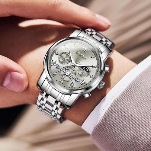 Miniatura 2 de OLEVS Relojes para hombre de acero inoxidable con cronógrafo, reloj de pulsera grande analógico de cuarzo, relojes de vestir impermeables de moda