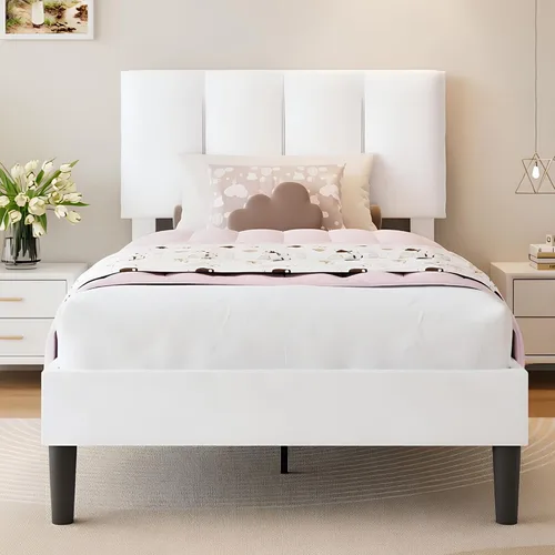 VECELO - Base de cama tamaño individual con cabecera tapizada, plataforma con soporte de listones de madera de alta resistencia, no necesita somier,