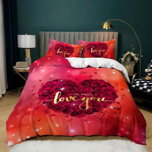 Miniatura 8 de AILONEN - Juego de funda de edredón tamaño individual, diseño de corazones para parejas, juego de ropa de cama rojo y negro, diseño "Yo y tú", juego