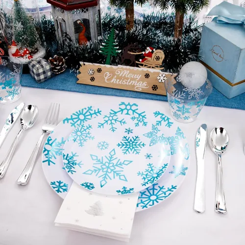 Miniatura 2 de WDF Juego de 175 piezas de platos y servilletas navideños desechables para 25 invitados, platos blancos y azules con cubiertos, vasos con copos