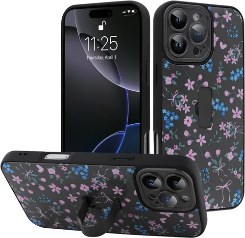 Miniatura 19 de Funda diseñada para iPhone 17 Pro Max con soporte plegable y correa para dedos, bonito patrón de lazo de corazón de flor rosa para mujeres y niñas