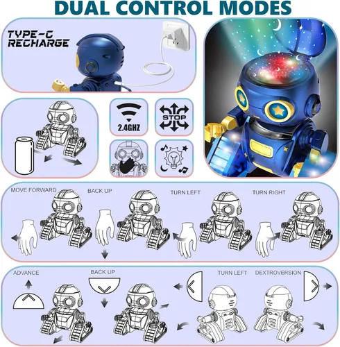 Miniatura 4 de Aikmi Juguetes Robot para Niños de 5-7, Robot Recargable de Control Remoto con Proyector de Luz Nocturna para Niños, Sensor de Gestos, Música, Azul