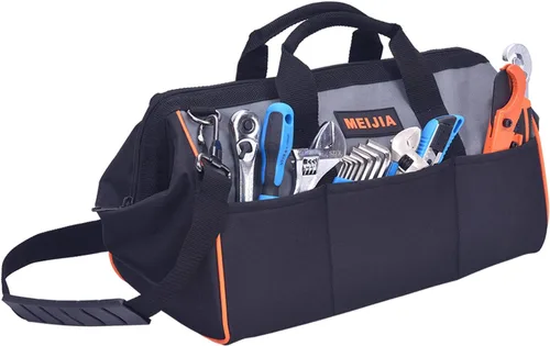Miniatura 4 de MEIJIA Bolsa de herramientas portátil de boca ancha abierta con múltiples compartimentos, resistente con parte inferior de tablero de polietileno