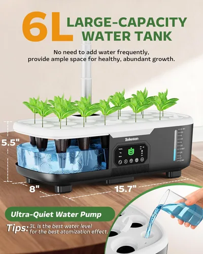 Miniatura 6 de Kit de sistema de cultivo hidropónico Misting de 15 cápsulas para jardín de hierbas inteligente para interiores con panel táctil LCD de 6 L, tanque