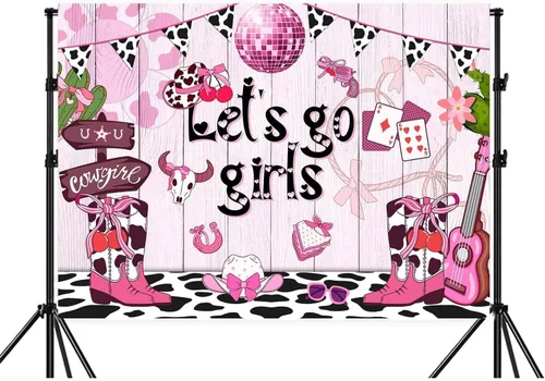 Miniatura 6 de Fondo de vaquera rosa de 5 x 3 pies con estampado de vaca disco occidental para niñas, cumpleaños, despedida de soltera, adolescente, decoración