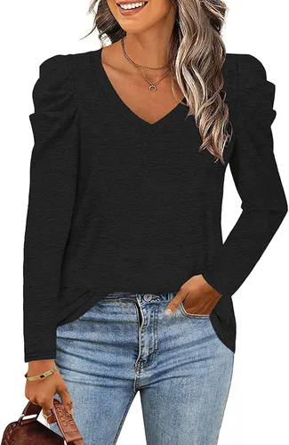 Blusa tipo túnica para mujer, manga abombada, casual, cuello en V, manga larga, color sólido, tallas S-2XL