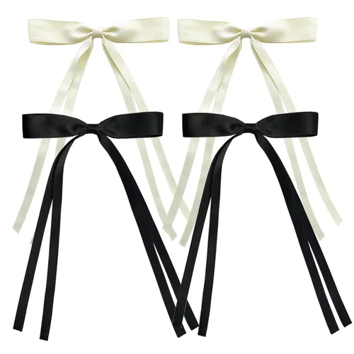 Miniatura 5 de Pinzas para el pelo con borla y cola larga, lazos de satén grandes para mujeres y niñas (azul+beige)