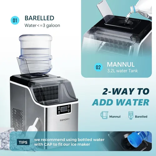 Miniatura 3 de EUHOMY Máquina para hacer cubitos de hielo de encimera, 2 maneras de añadir agua, 45 libras/día, 24 piezas listas en 13 minutos, compacta portátil