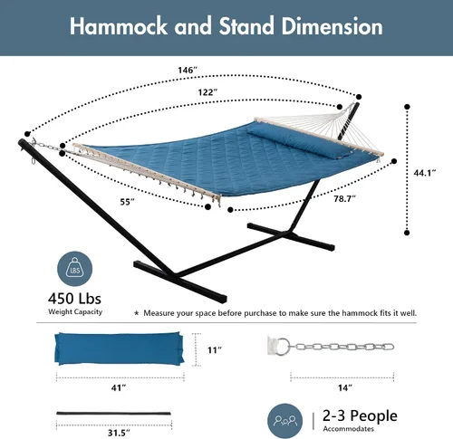 Miniatura 6 de ANOW Hamaca doble con combo de soporte de acero resistente de 12 pies, hamaca acolchada para 2 personas con soporte para exterior, capacidad