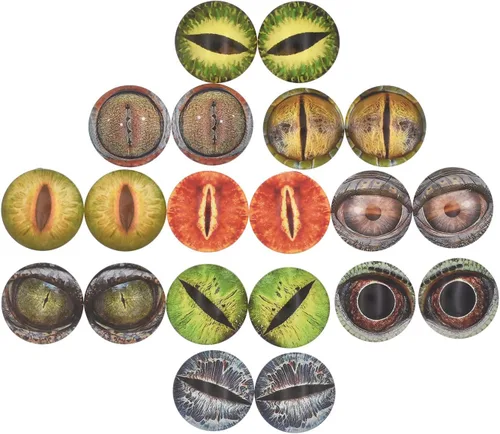 Miniatura 2 de 10 pares de cabujones de cristal redondos de 1.181 in que brillan en la oscuridad, ojos de dinosaurio, cúpula redonda, parte trasera plana