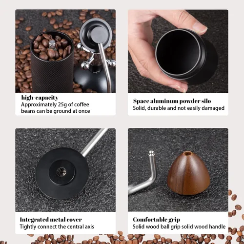 Miniatura 3 de Molinillo de café manual con capacidad de 0.88 oz, rebabas de acero inoxidable, mango de madera, molinillo de café para rebabas para el hogar, Negro