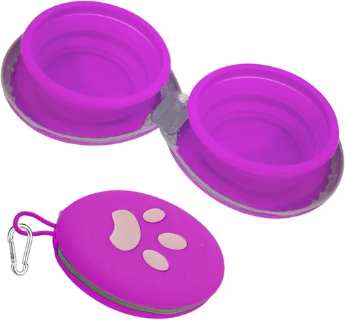 Miniatura 8 de Cuencos plegables para perros, tazón de silicona 2 en 1 para comida y agua para mascotas con mosquetón, plato portátil de doble compartimento