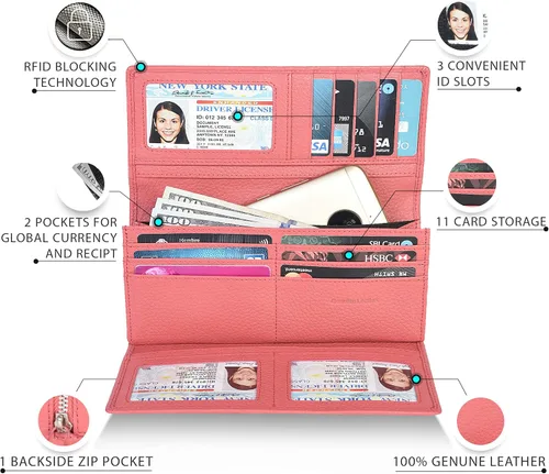Miniatura 7 de Carteras de piel con bloqueo RFID, para cheques, con 11 ranuras para tarjetas, para mujer, cartera Rfid