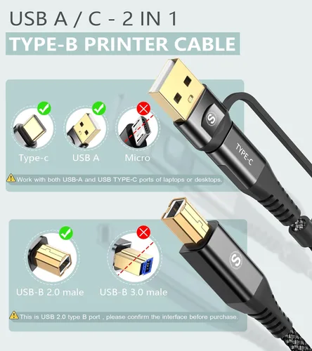 Miniatura 2 de Cable de impresora USB-A/C a USB-B 2 en 1 [paquete de 2, 6.6 pies] USB C MIDI cable trenzado de nailon de alta velocidad para MacBook Pro/Air, Negro