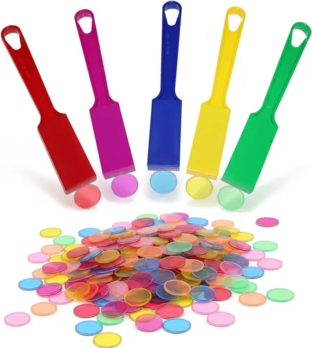 Juego de bingo mejorado, paquete de 5 varitas de bingo y 100 fichas de bingo de metal, colores aleatorios, juego de grupo grande, noche familiar,