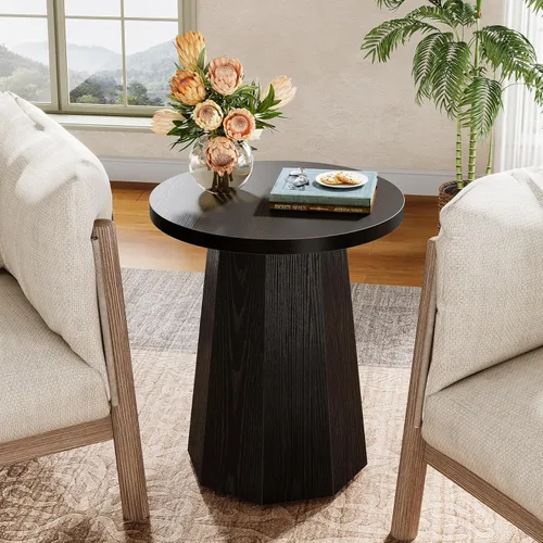 Miniatura 3 de Tribesigns Mesa Auxiliar Redonda de Estilo Rústico, Mesa Lateral de Madera para Sofá con Base Octagonal, Mesita de Noche Negra con Pedestal, Mueble