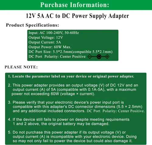 Miniatura 2 de Adaptador de corriente alterna para monitor de 12 V 5 A, cable de carga de 100 a 240 V CA a 12 V CC, 60 W, adecuado para tiras de luz LED Sceptre