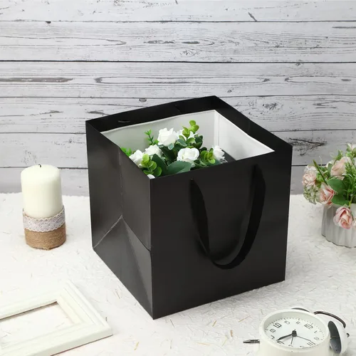 Miniatura 5 de Tenceur Paquete de 50 bolsas de regalo negras con asas de 10 x 10 x 10 pulgadas, bolsas de papel de regalo cuadradas reutilizables para regalos