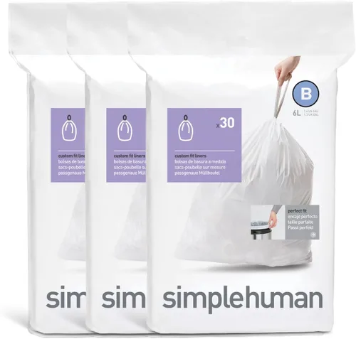 simplehuman Code B 90 unidades, paquete con dispensador, bolsas de basura con cordón de ajuste personalizadas, 6 litros / 1.6 galones, color blanco