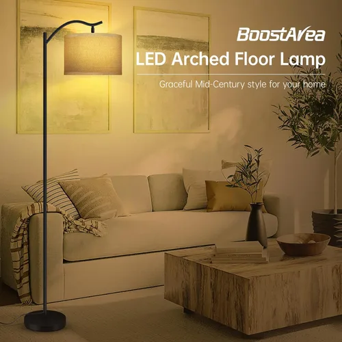 Miniatura 2 de BoostArea Lámpara de pie para sala de estar, lámpara arqueada LED de 9 W, altura moderna con pantalla de lino de tela, 3 niveles de brillo, enchufe