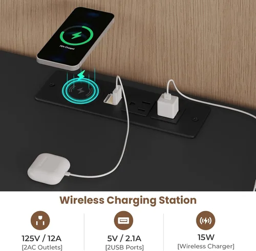 Miniatura 3 de ADORNEVE Mesita de noche LED negra con estación de carga inalámbrica, 2 cajones, moderna mesa auxiliar de dormitorio con luces LED, mesa de noche