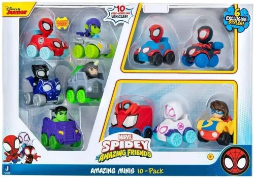 Marvel's Spidey and his Amazing Friends SNF0046 - Paquete de 10 mini vehículos surtidos de 2 pulgadas que incluye Ghost Spider, Miles, Hulk y más,