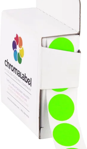 Etiquetas redondas de codificación por color; 0.75 pulgadas | calcomanía permanente, 3/4 pulgadas. — 1000 por caja dispensadora, Verde fosforescente