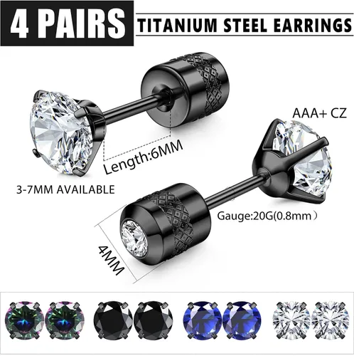 Miniatura 4 de FIBO STEEL Aretes de titanio de 0.118 a 0.276 pulgadas, aretes de tuerca de acero quirúrgico para hombres y mujeres, arcoíris 5A, circonita cúbica