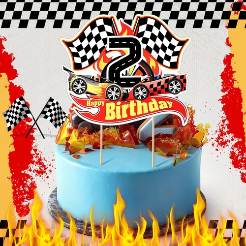 Miniatura 3 de Maitys Decoración para pastel de 2º cumpleaños con temática de auto de carreras, suministros de fiesta de cumpleaños, bandera a cuadros, decoración