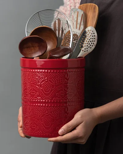 Miniatura 7 de FUN ELEMENTS Soporte para utensilios de cocina, 7.2" Recipiente para utensilios súper grande pesado y estable de cerámica con relieve de encaje