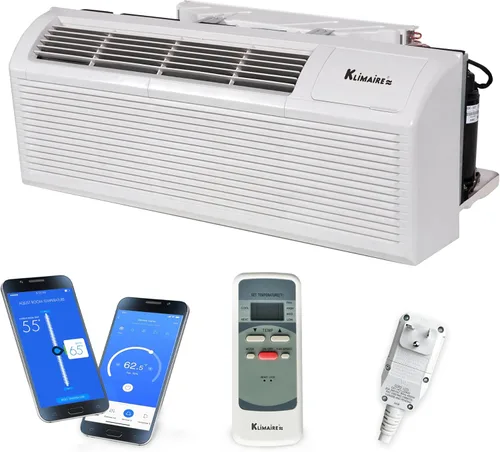 Klimaire Bomba de calor PTAC R-32 de aire acondicionado de 12,000 BTU con control remoto y calentador eléctrico de 3,5 kW -230V