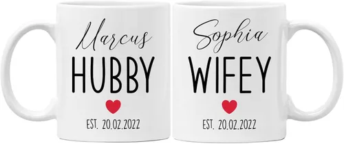 Miniatura 11 de Juego de tazas personalizadas de Mr & Mrs – Nombres personalizados, bodas, San Valentín, compromiso, regalos de despedida de soltera, tazas