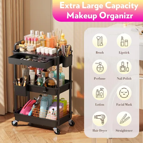 Miniatura 4 de SUNALLY Organizador de Carrito de Maquillaje con Cajones, Organizadores de Cuidado de la Piel de Piso Organizador de Almacenamiento de Tocador