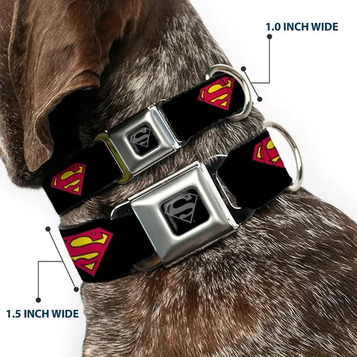 Miniatura 2 de Buckle-Down Collar de perro con hebilla de cinturón de seguridad, Superman Shield negro, 1 pulgada de ancho, se adapta a cuello de 9 a 15 pulgadas