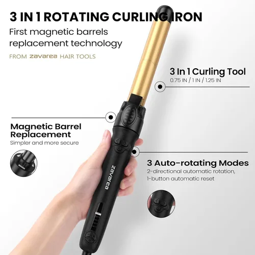 Miniatura 3 de Juego de rizadores giratorios para cabello largo, varita rizadora automática fácil de usar, obtén ondas de playa, 3 barriles de cerámica