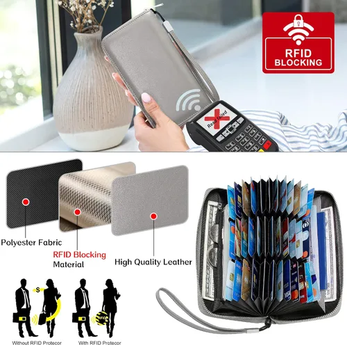 Miniatura 6 de OIDERY Cartera para tarjetas de crédito de gran capacidad para mujer, bloqueo RFID con correa extraíble