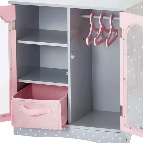 Miniatura 8 de Olivia's Little World Armario doble de madera estilo coctelera de lunares para armarios de muñecas de 18 pulgadas con puertas con ventana, tres