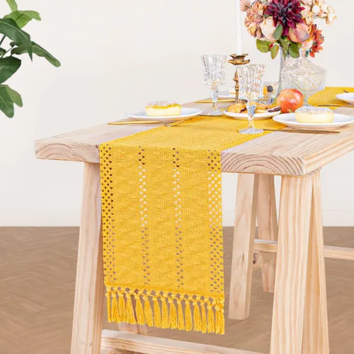 Miniatura 8 de DeZerlor Camino de mesa de macramé de 12 x 60 pulgadas, camino de mesa bohemio de granja con borlas de algodón y lino tejido para mesa de comedor