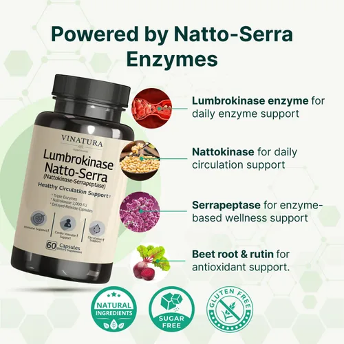 Miniatura 4 de VINATURA Lumbroquinasa Serrapeptasa Nattoquinasa - Nattoquinasa 2000 FU, suplemento de enzimas lumbroquinasa para apoyo a la circulación sanguínea