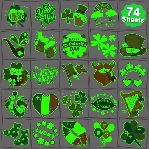 CHARLENT Tatuajes temporales que brillan en la oscuridad del día de San Patricio para niños, 74 hojas individuales, tatuajes luminosos del día de