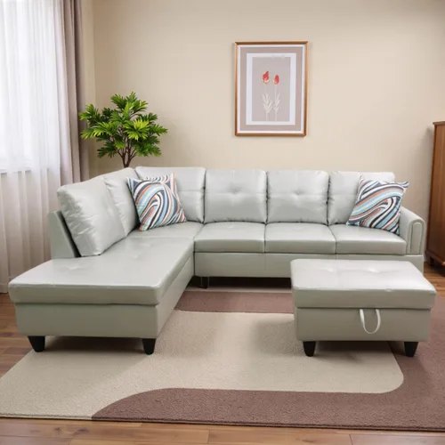 Miniatura 7 de Sofá Seccional de Cuero con Chaise Móvil y Otomana de Almacenamiento, Sofás Modulares Convertibles en Forma de L de 3 Piezas para Sala de Estar