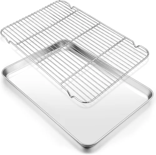 Miniatura 9 de E-far Bandeja pequeña de metal para horno tostador con juego de estante, bandeja para hornear de 9.4 x 7.3 pulgadas con rejilla de enfriamiento