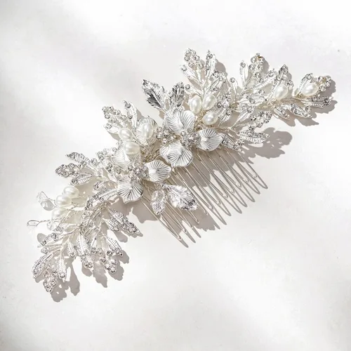 Miniatura 10 de SWEETV Peine de pelo de novia plateado para accesorios de cabello de boda, hecho a mano con cristales, perlas y hojas, 4.72 x 2.75 pulgadas