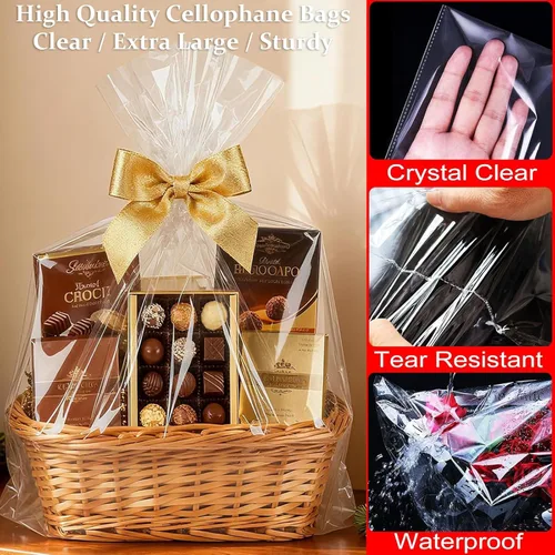 Miniatura 3 de SYOGUA Paquete de 10 bolsas de celofán extra grandes, 40 x 55 pulgadas, bolsas de regalo transparentes de 3 mil de grosor para cestas de plástico
