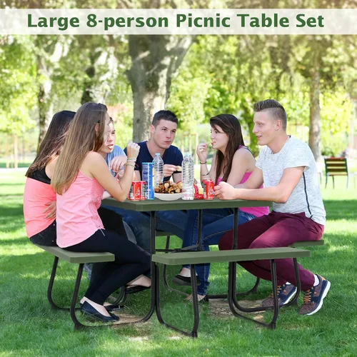 Miniatura 4 de Giantex Juego de mesa de picnic para 8 personas, mesa y banco al aire libre con agujero para paraguas, parte superior de polietileno de alta Verde