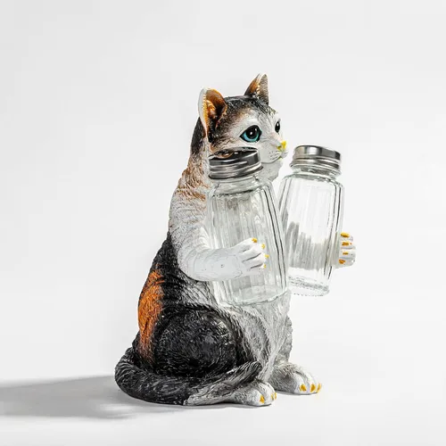Miniatura 6 de Juego de salero y pimentero de resina con soporte y tarros de especias de cristal, decoración de cocina para amantes de los gatos, figura de gato
